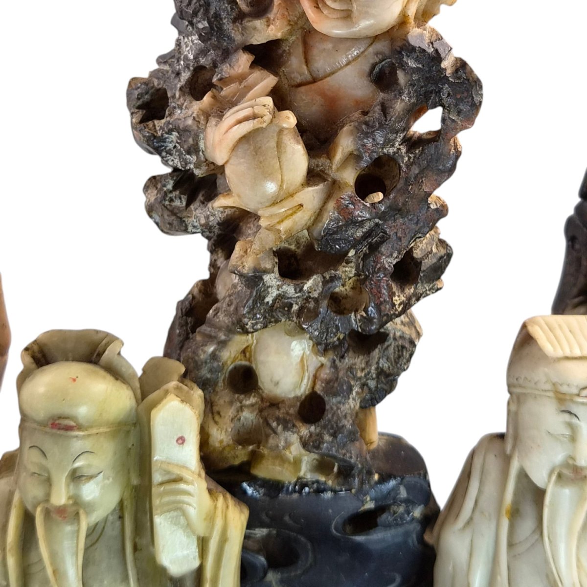 Large Chinese Carved Soapstone Immortals Group, Chinoiserie Sculpture, Early 20th Century-photo-2