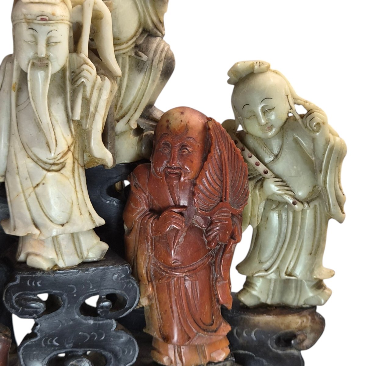 Large Chinese Carved Soapstone Immortals Group, Chinoiserie Sculpture, Early 20th Century-photo-3