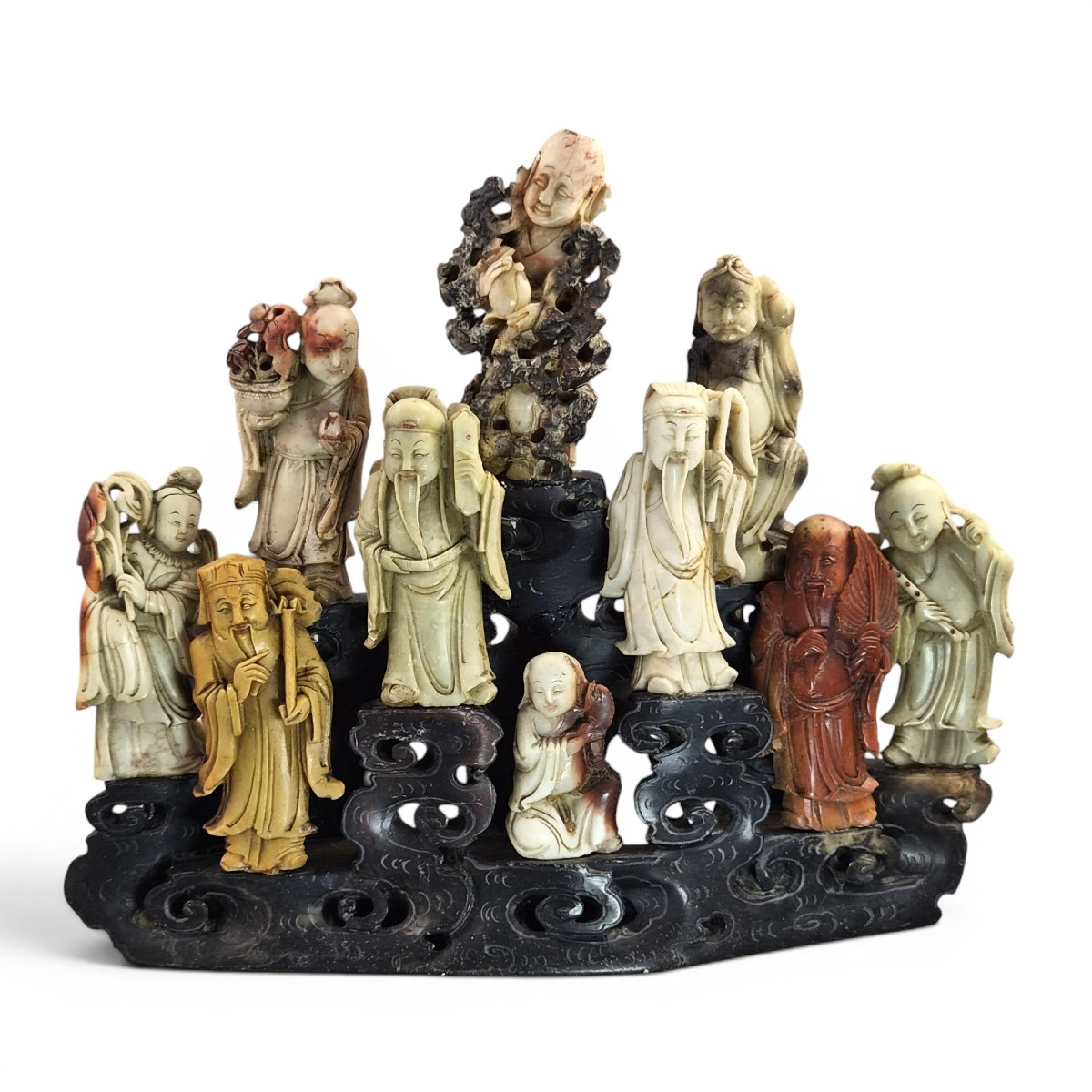 Large Chinese Carved Soapstone Immortals Group, Chinoiserie Sculpture, Early 20th Century