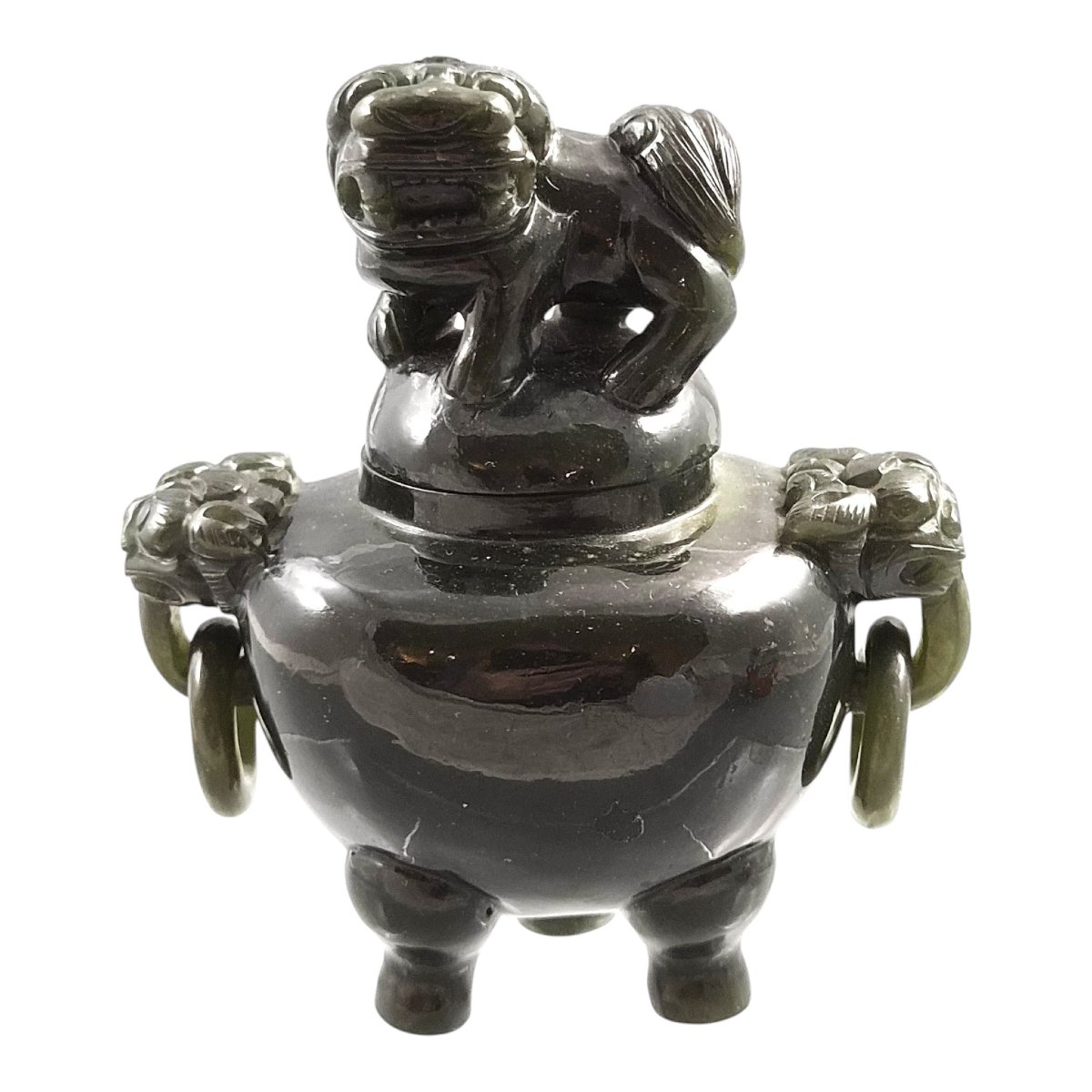 Brûle-Parfum Tripode Chinois En Jade Vert Foncé, Chien de Fô, vers 1900–1920-photo-2