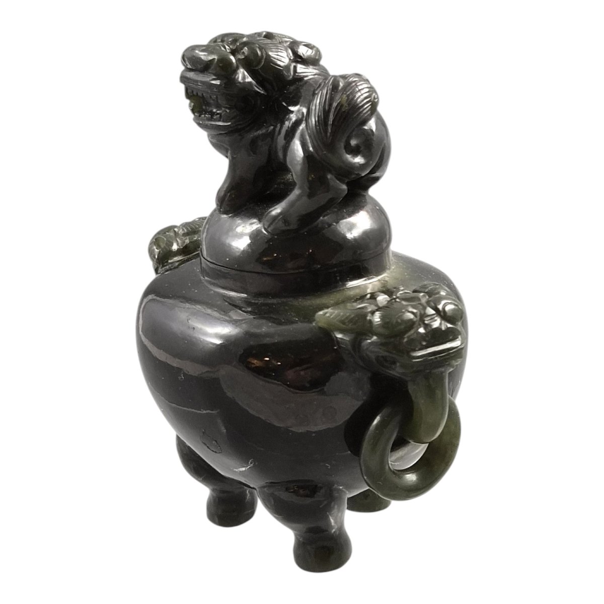 Brûle-Parfum Tripode Chinois En Jade Vert Foncé, Chien de Fô, vers 1900–1920-photo-3