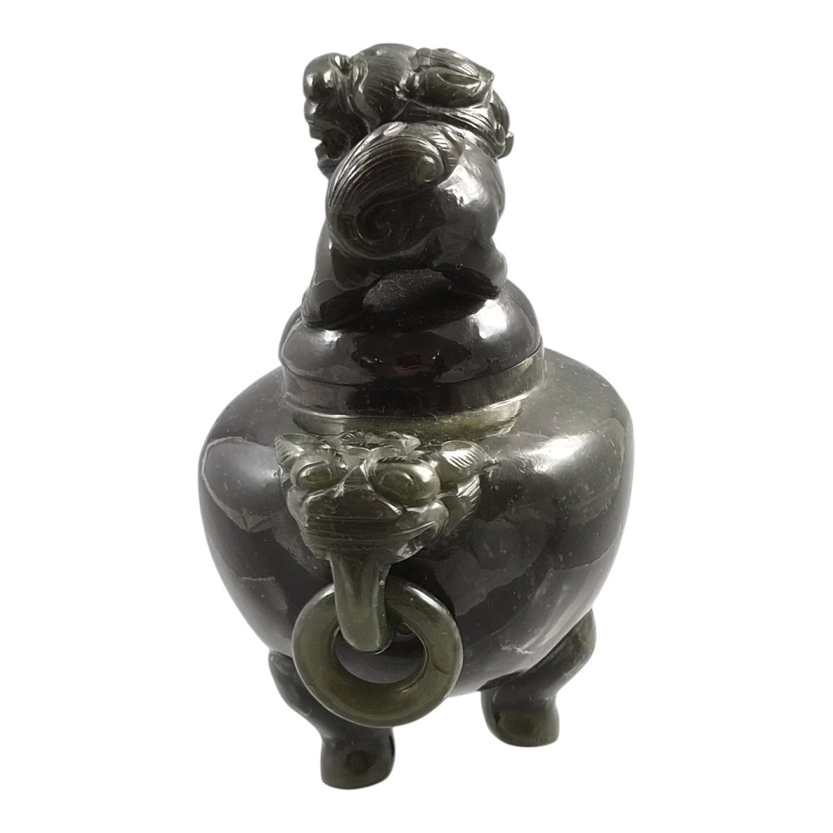 Brûle-Parfum Tripode Chinois En Jade Vert Foncé, Chien de Fô, vers 1900–1920-photo-4