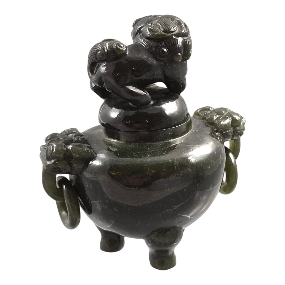 Brûle-Parfum Tripode Chinois En Jade Vert Foncé, Chien de Fô, vers 1900–1920-photo-1
