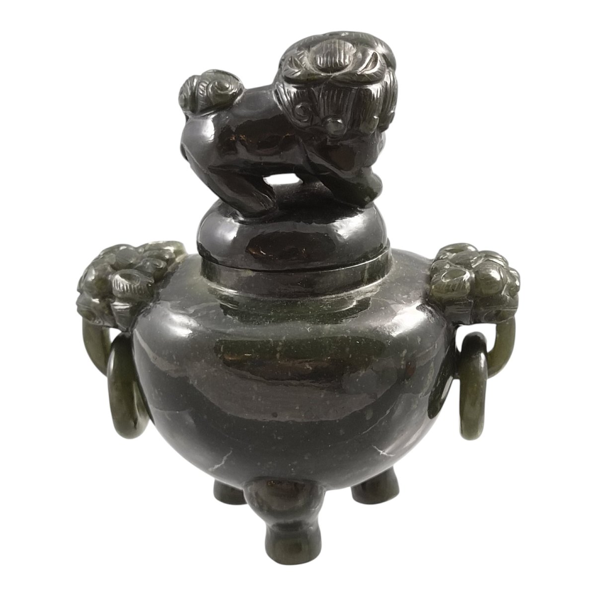 Brûle-Parfum Tripode Chinois En Jade Vert Foncé, Chien de Fô, vers 1900–1920-photo-2