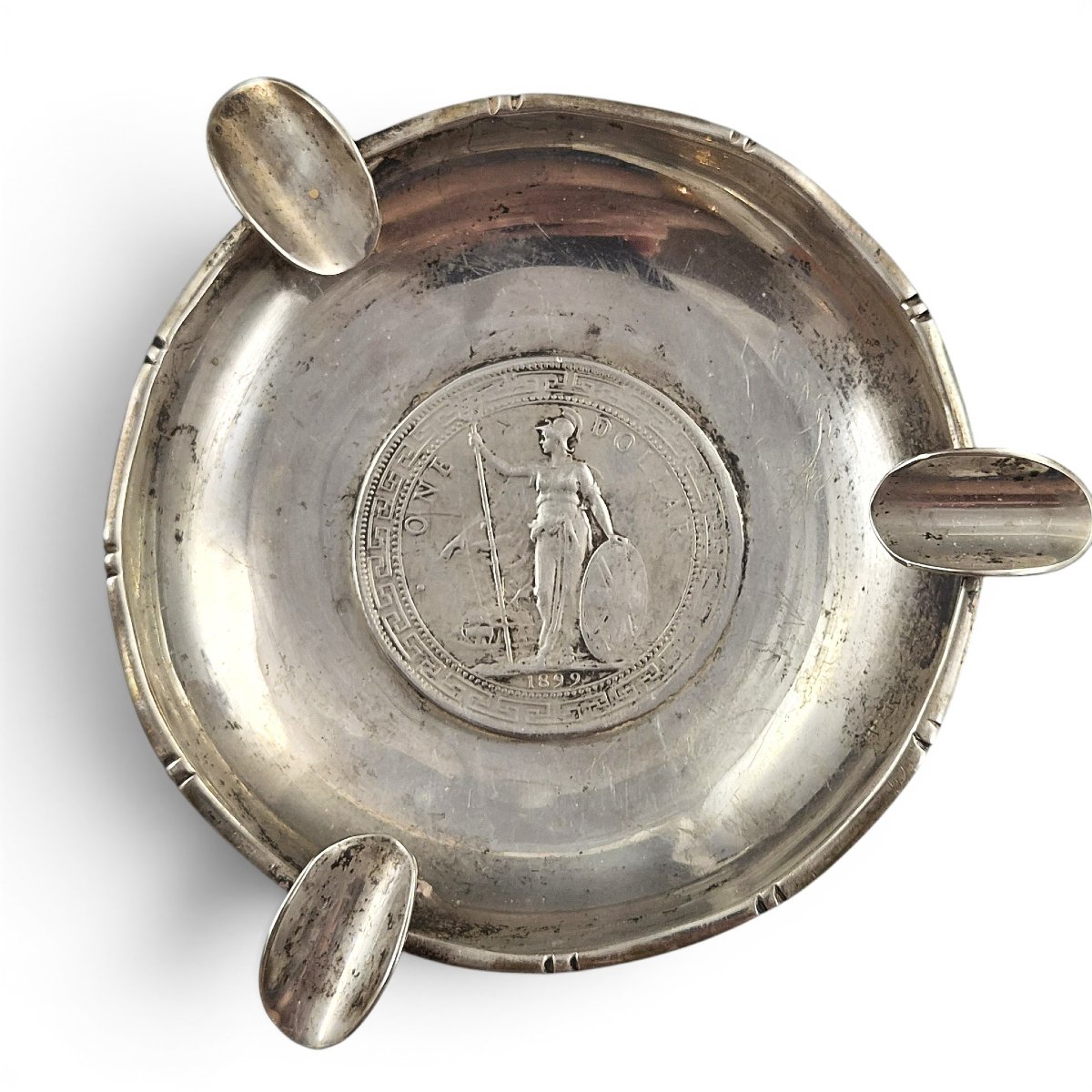 Lee Yee Hing Sterling Silver Coin-inset Ashtray With Trade Dollar, C.1920-photo-2