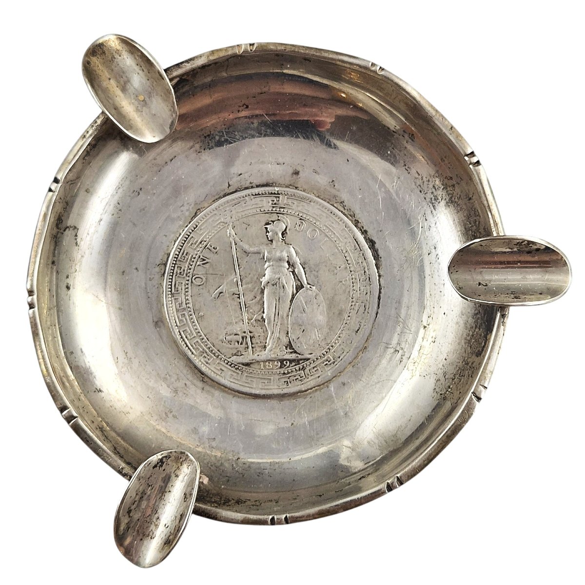 Lee Yee Hing Sterling Silver Coin-inset Ashtray With Trade Dollar, C.1920