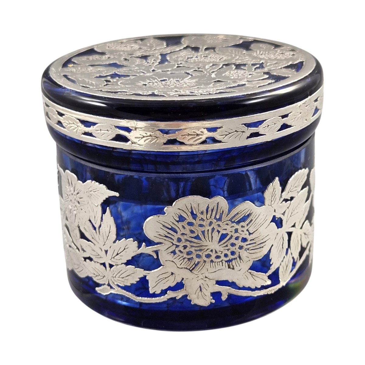 Boîte à bijoux en verre bleu à décor d'argent, attribuée à Laugharne Glass, Pays de Galles-photo-2