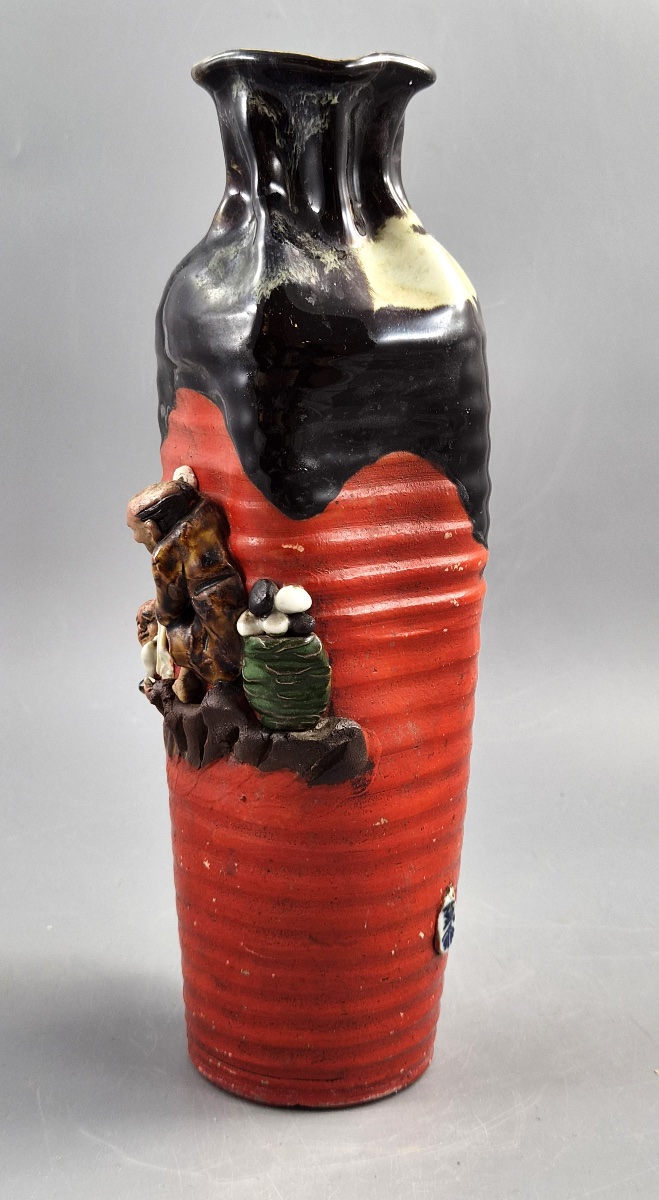 Tall Japanese Sumida Gawa Vase By Inoue Ryōsai, Sages On A Cliff, Meiji–taishō C.1900-photo-3