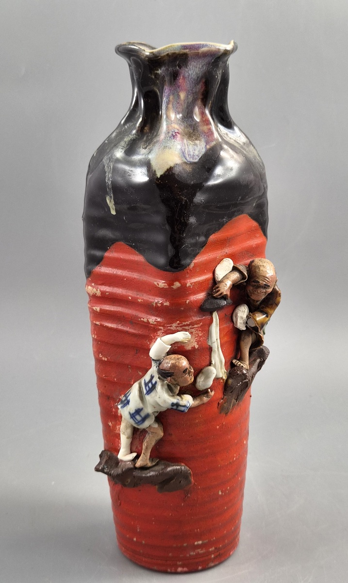 Tall Japanese Sumida Gawa Vase By Inoue Ryōsai, Sages On A Cliff, Meiji–taishō C.1900