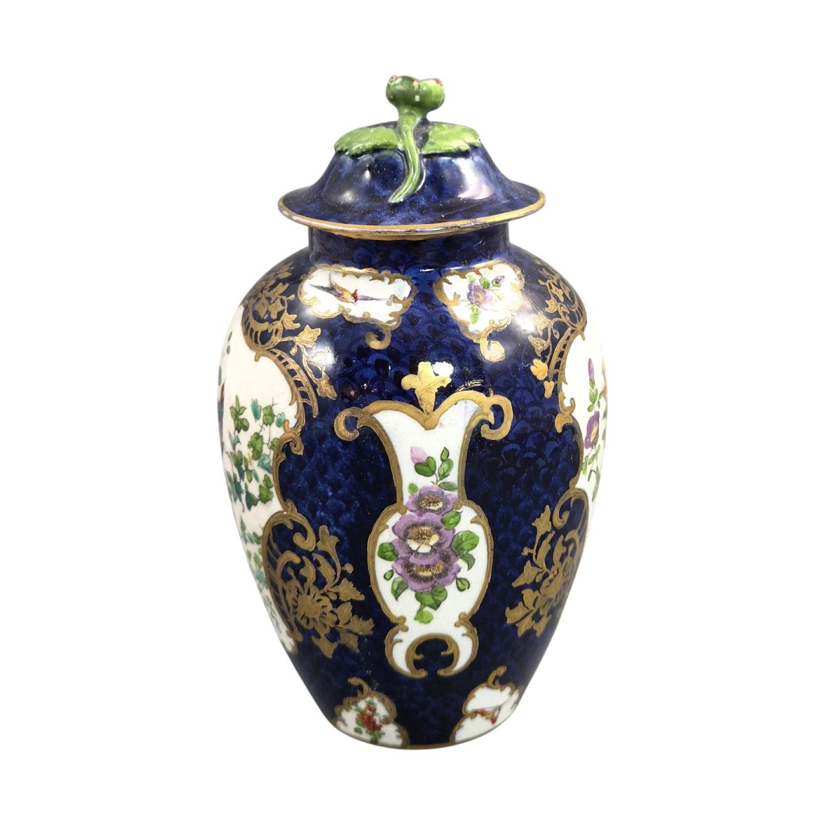 Vase Couvert Booths Silicon China Décor Scale Blue et Oiseaux Exotiques, vers 1900-photo-2