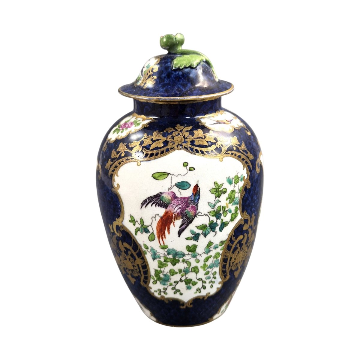 Vase Couvert Booths Silicon China Décor Scale Blue et Oiseaux Exotiques, vers 1900-photo-3