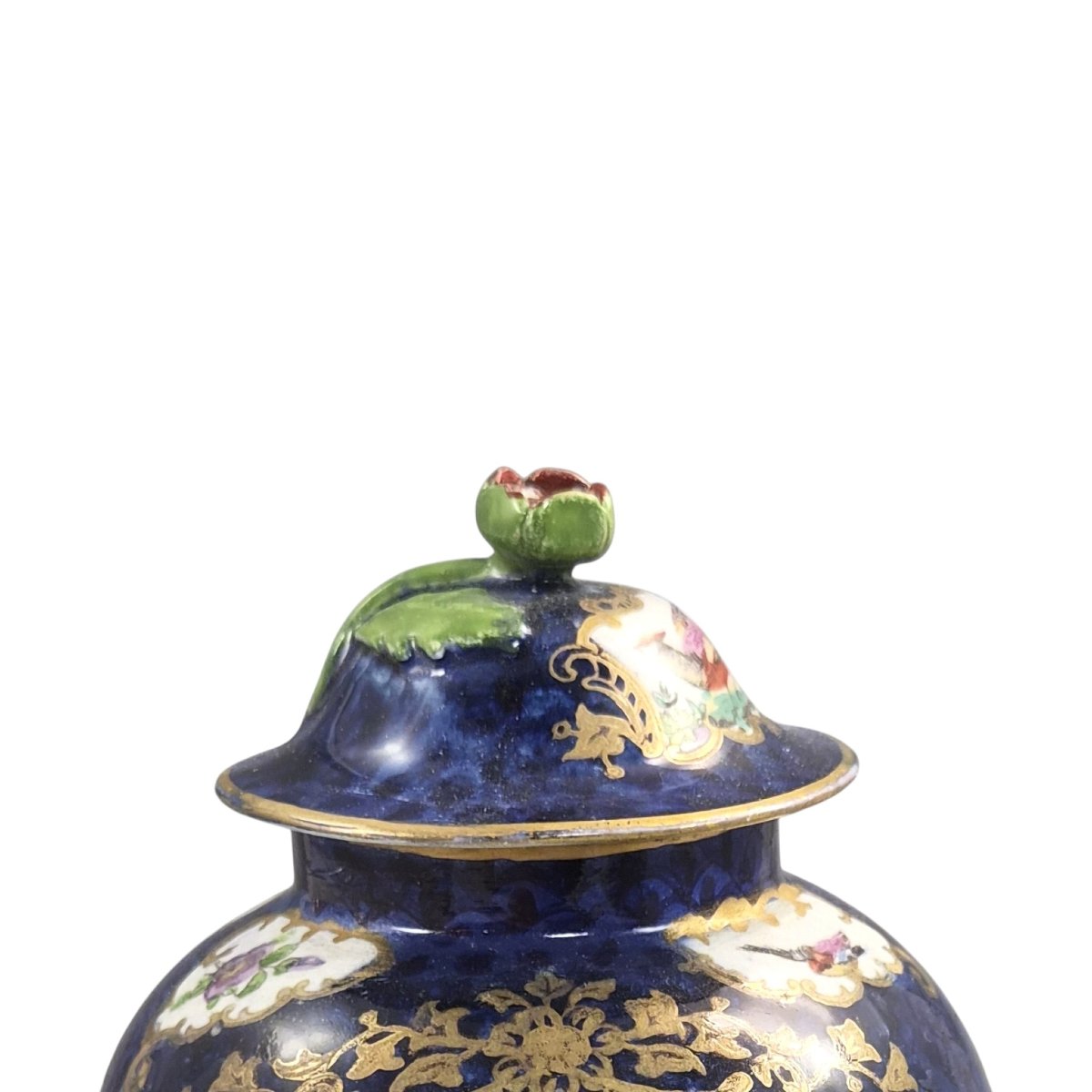 Vase Couvert Booths Silicon China Décor Scale Blue et Oiseaux Exotiques, vers 1900-photo-2