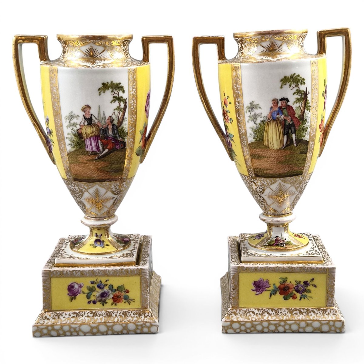 Helena Wolfsohn Royal Yellow Dresden Urns On Pedestals, C.1879-1883