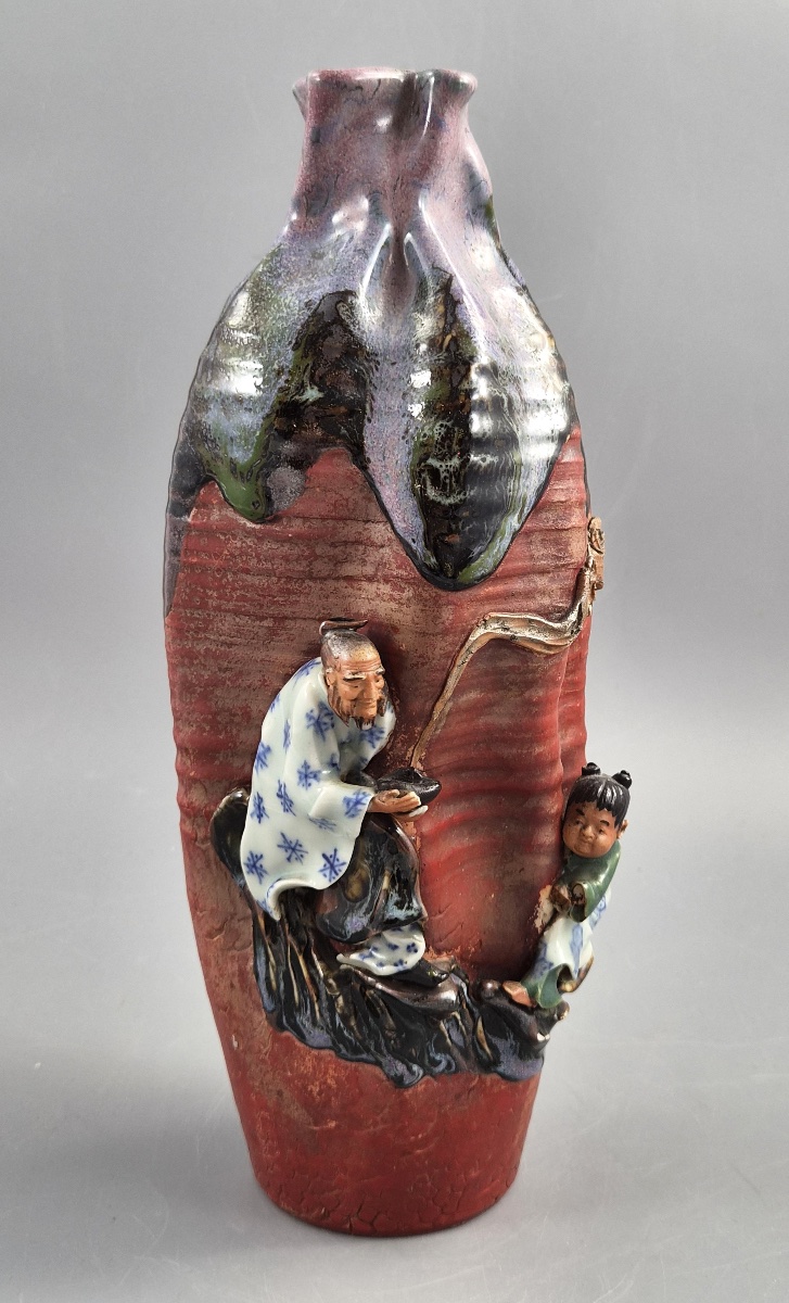 Vase japonais Sumida Gawa signé Ban-ni, sage et karako, flambé lavande, Meiji v. 1900-photo-2
