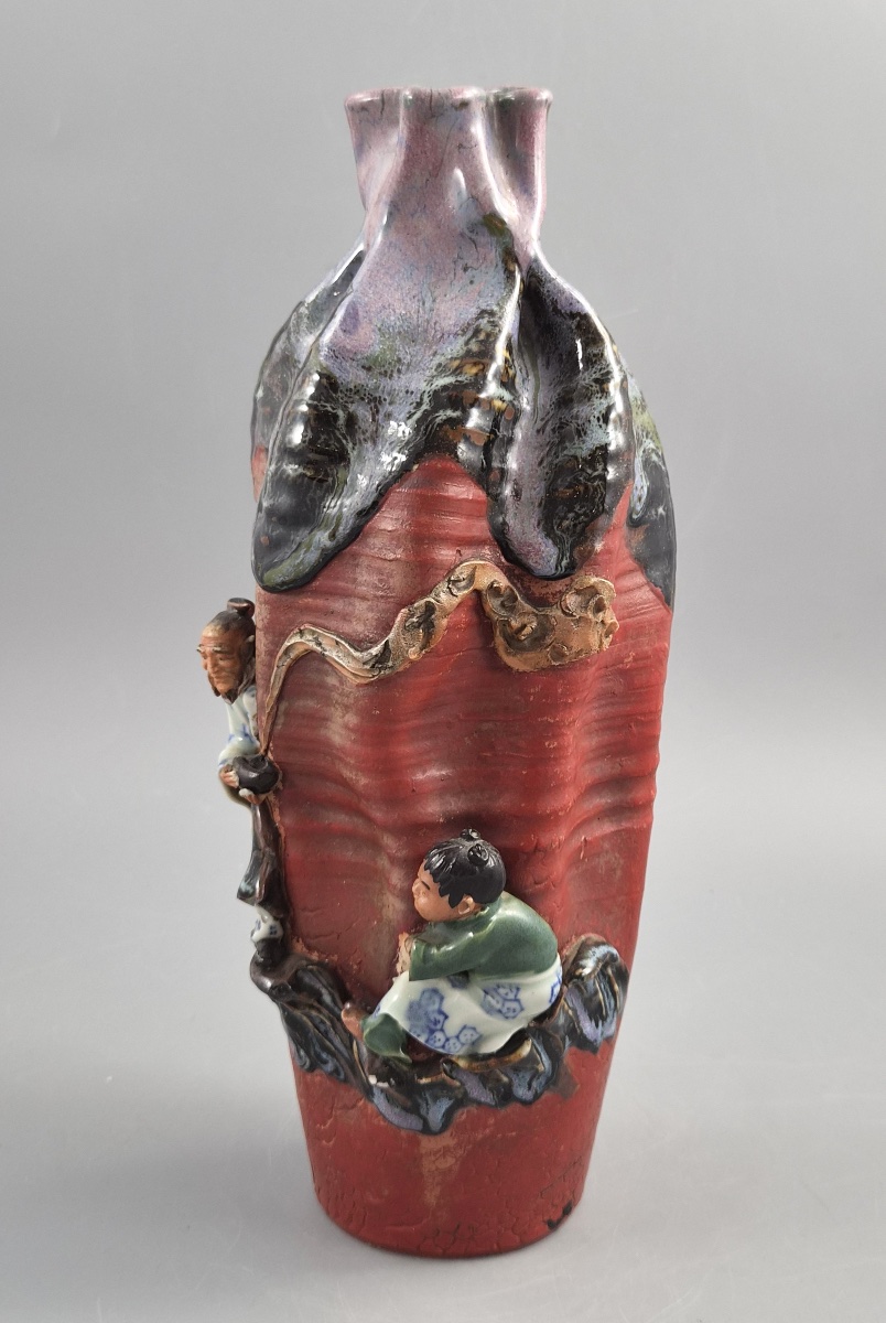 Vase japonais Sumida Gawa signé Ban-ni, sage et karako, flambé lavande, Meiji v. 1900-photo-3