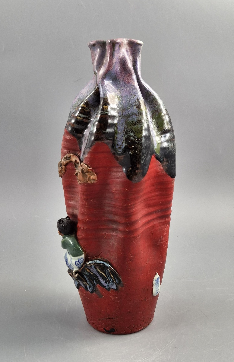Vase japonais Sumida Gawa signé Ban-ni, sage et karako, flambé lavande, Meiji v. 1900-photo-4