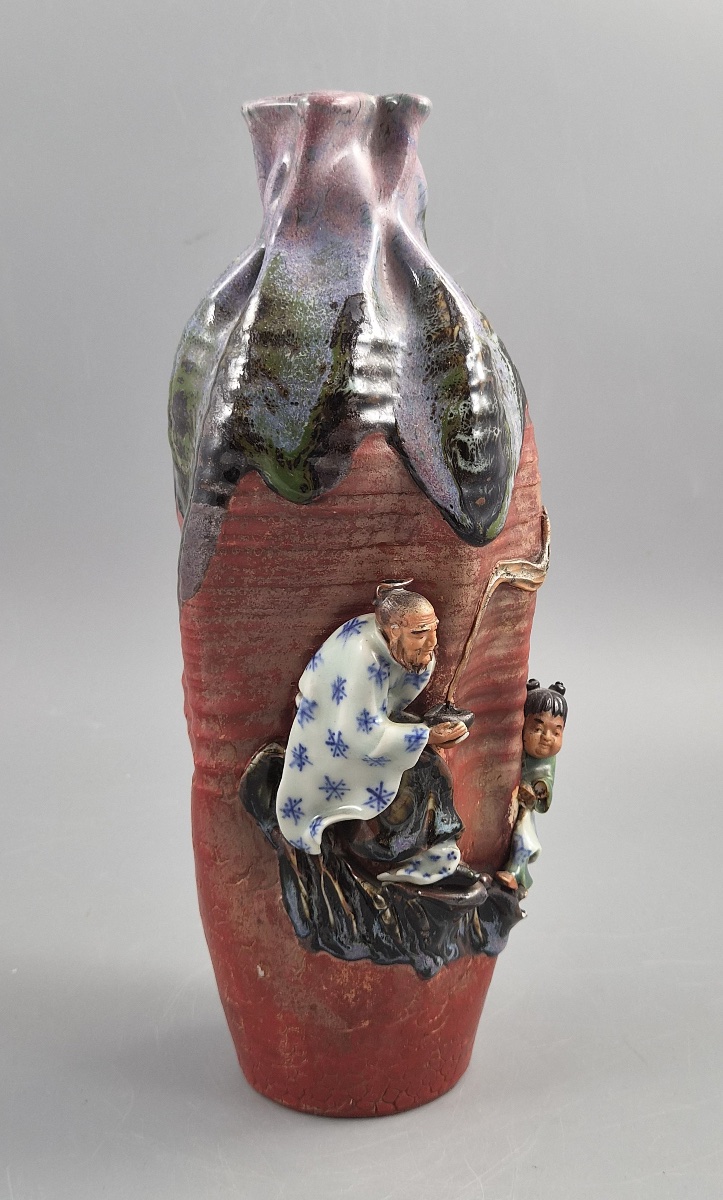 Vase japonais Sumida Gawa signé Ban-ni, sage et karako, flambé lavande, Meiji v. 1900-photo-3