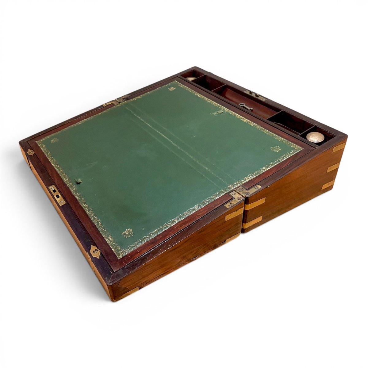 Large Victorian Mahogany Brass Bound Campaign Writing Slope With Working Key-photo-1