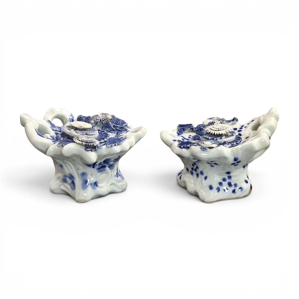 Japanese Hirado Porcelain Chrysanthemum Inkwells, Pair, C.1850-1880