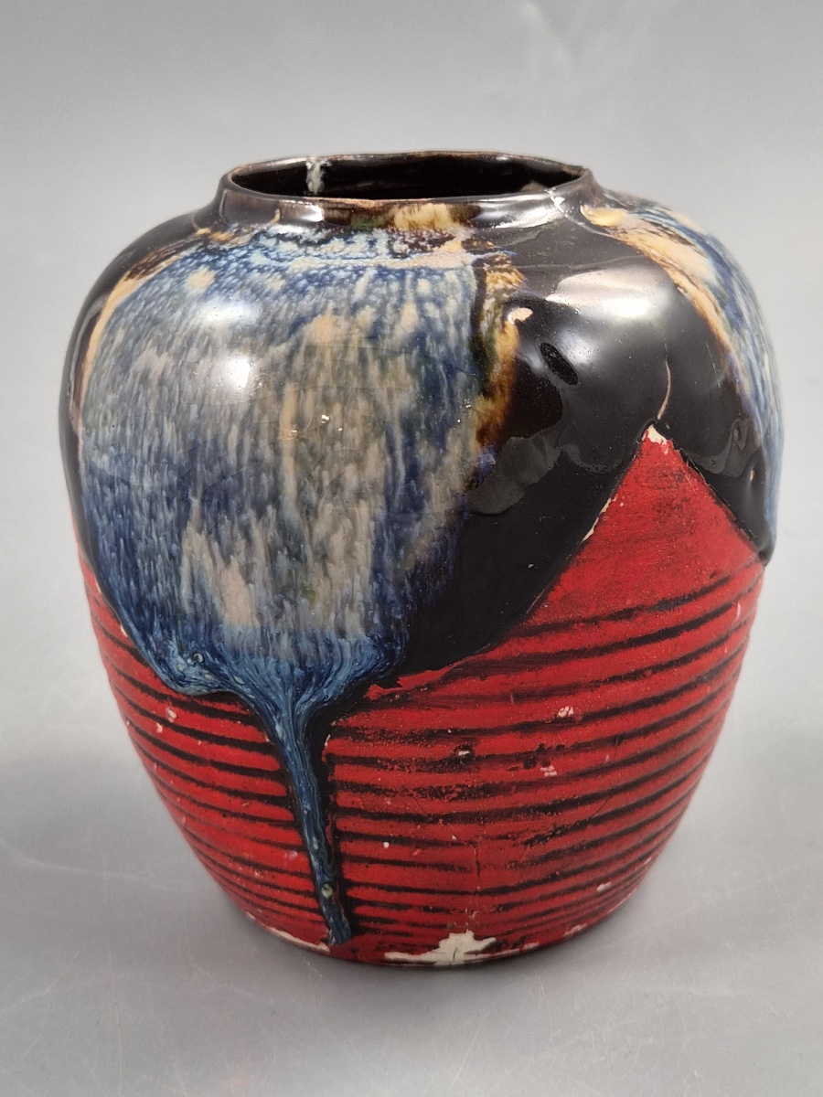 Japanese Sumida Gawa Jar Vase, Climbing Figure, Blue Flambé Glaze, Taishō–shōwa C.1920–30s-photo-1