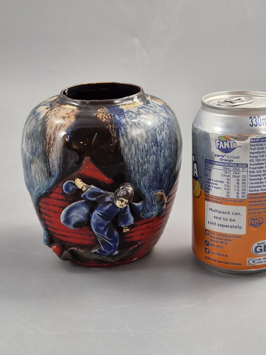 Japanese Sumida Gawa Jar Vase, Climbing Figure, Blue Flambé Glaze, Taishō–shōwa C.1920–30s-photo-4