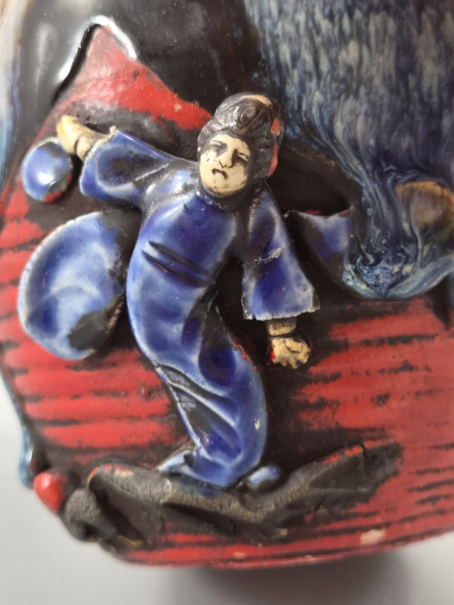 Japanese Sumida Gawa Jar Vase, Climbing Figure, Blue Flambé Glaze, Taishō–shōwa C.1920–30s-photo-5