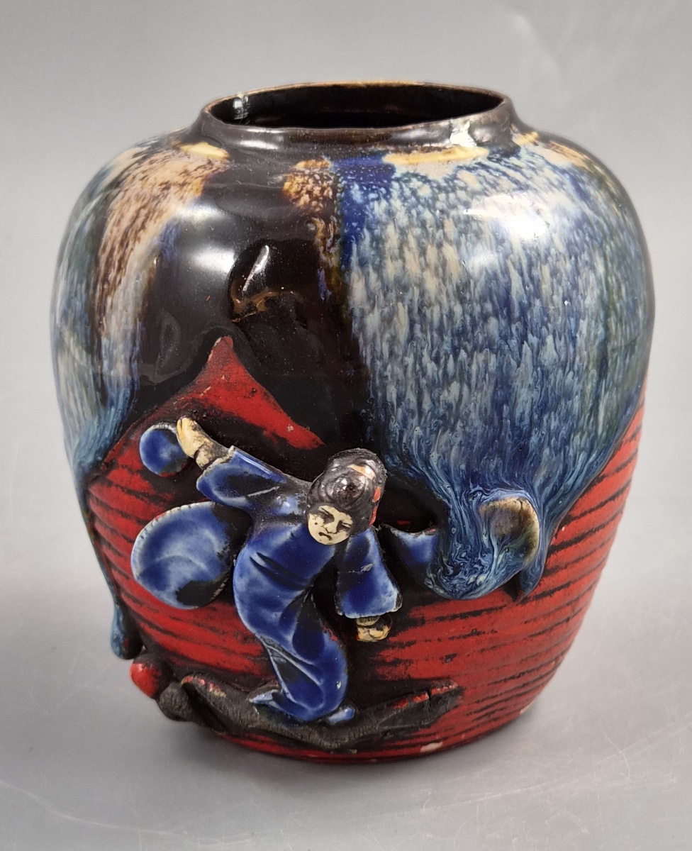 Japanese Sumida Gawa Jar Vase, Climbing Figure, Blue Flambé Glaze, Taishō–shōwa C.1920–30s