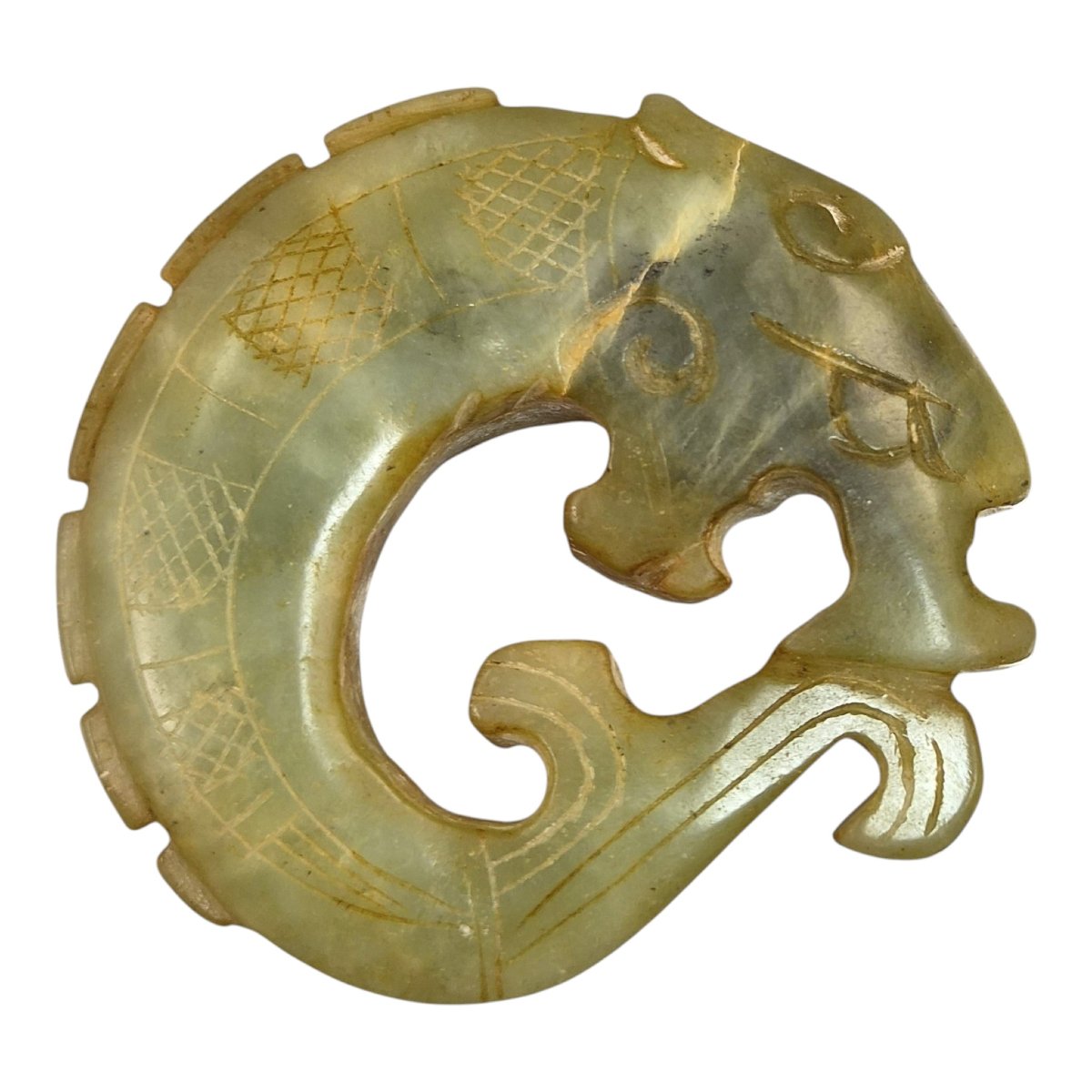Ensemble De Trois Amulettes Chinoises En Pierre Style Fangu, Disque Bi, Qilin, Dragon Chilong-photo-3