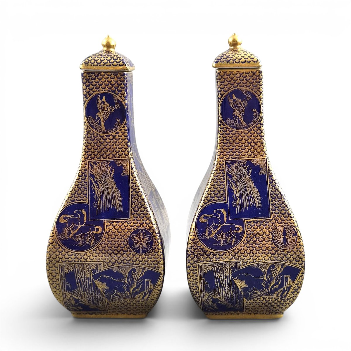 Extremely Rare Pair Of Mason's Patent Ironstone Mazarine Blue Ground Vases C.1830-48