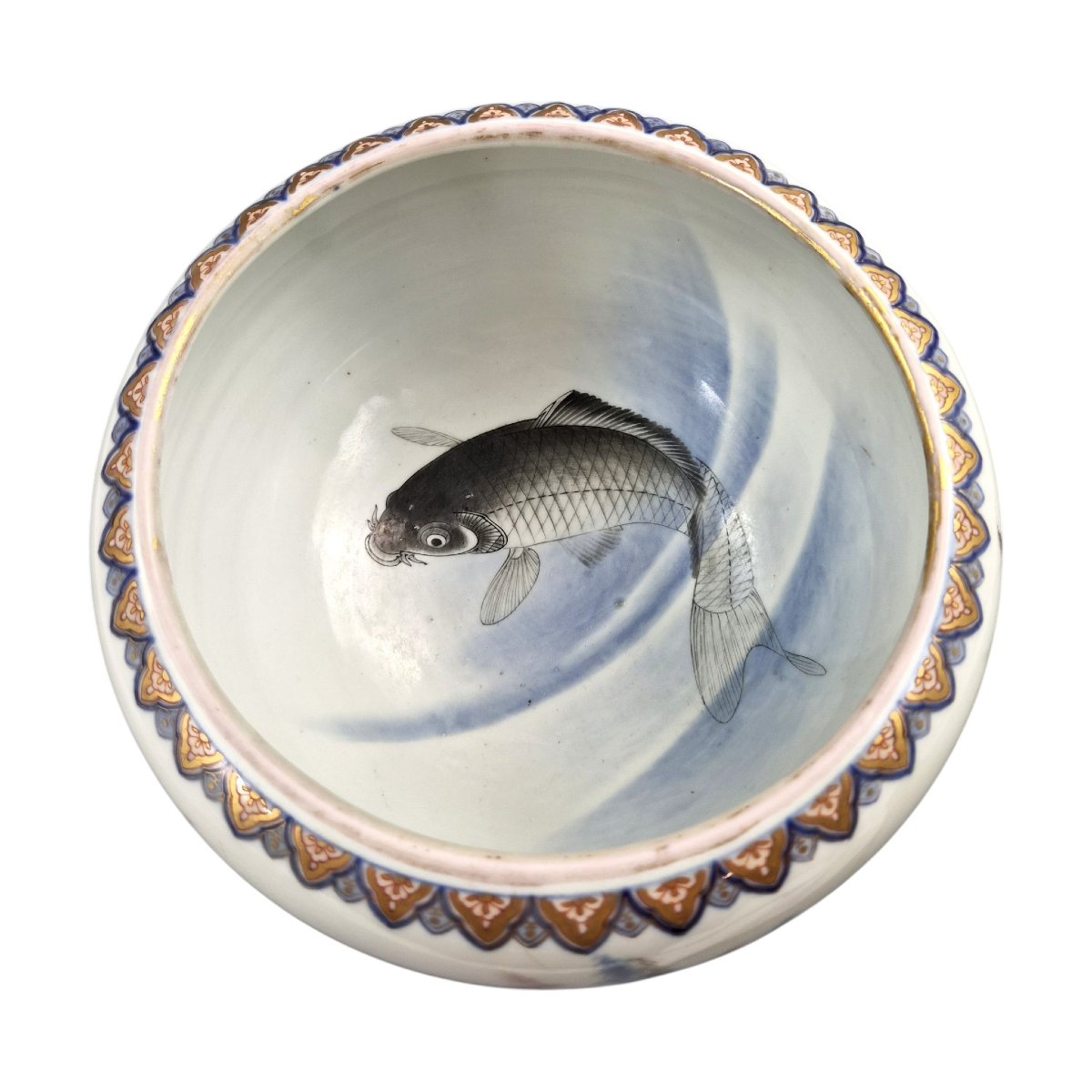 Large Fukagawa Porcelain Fish Bowl With Koi Carp, Japan, C.1894-photo-2