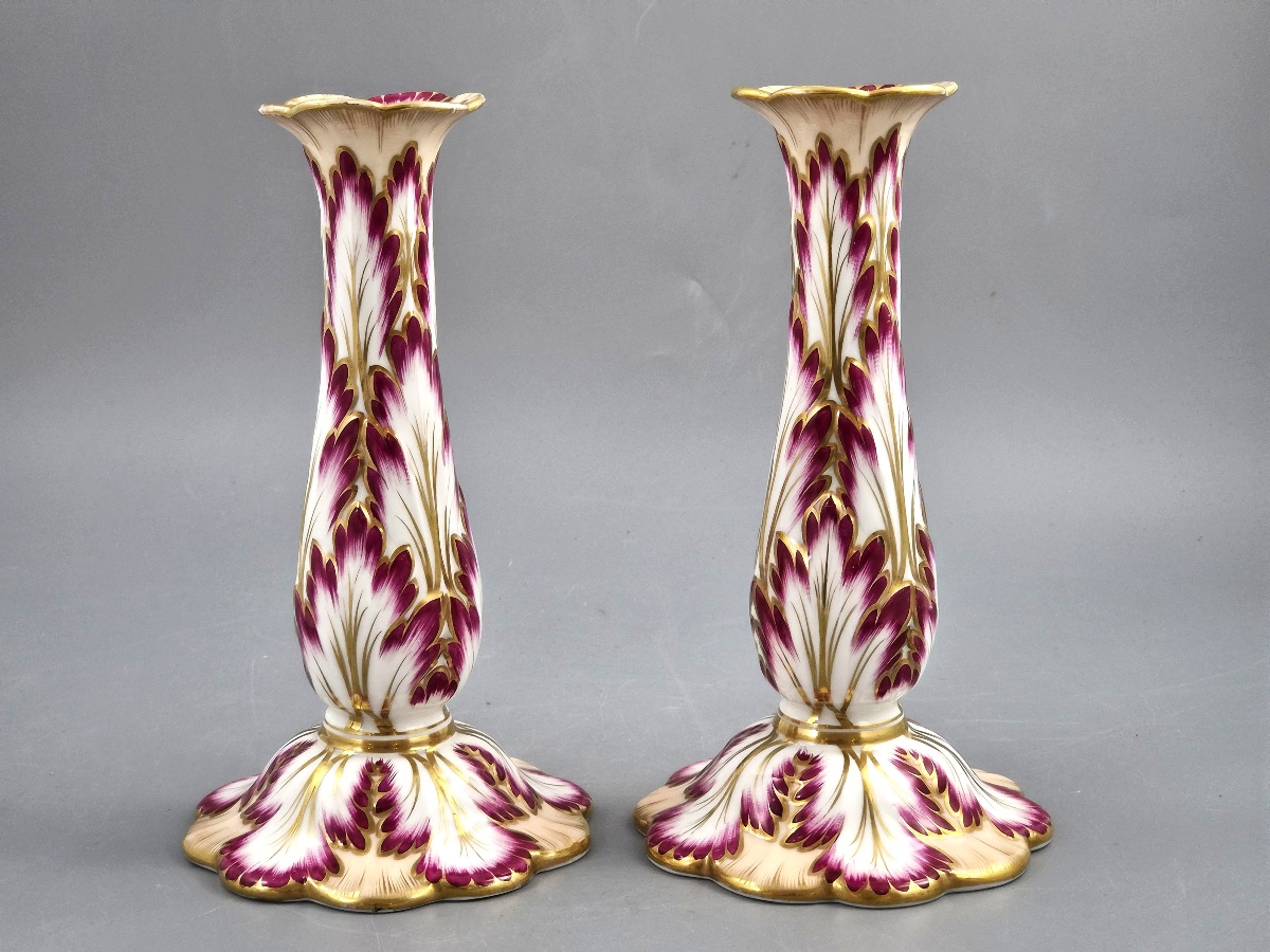 Pair Of Ridgway Porcelain Candlesticks, Foliage Model, Design No. 1070, C. 1825–1830