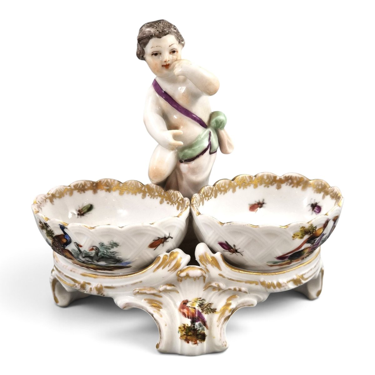 Salière double en porcelaine KPM Berlin à décor d'oiseaux, style Rococo, vers 1870-1890