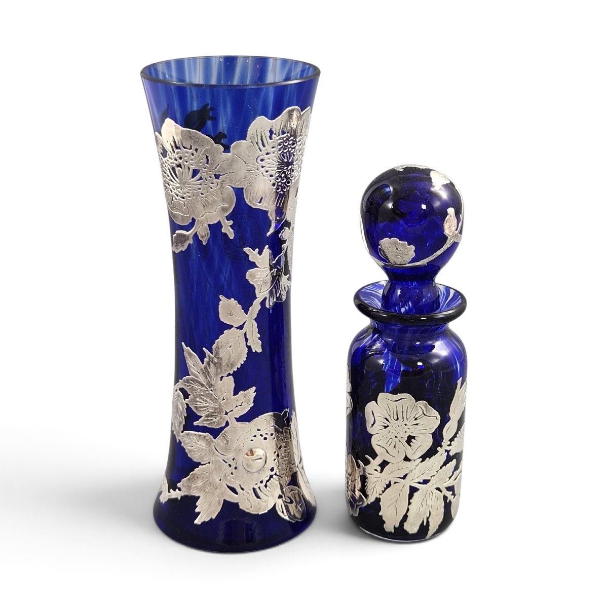Ensemble verre bleu cobalt et argent sterling, Laugharne Glass, Pays de Galles, v. 1980