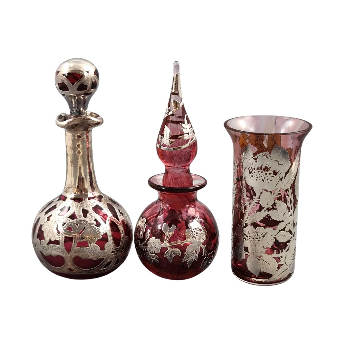 Ensemble de toilette Laugharne Glass en verre rubis avec application en argent sterling poinçon-photo-2