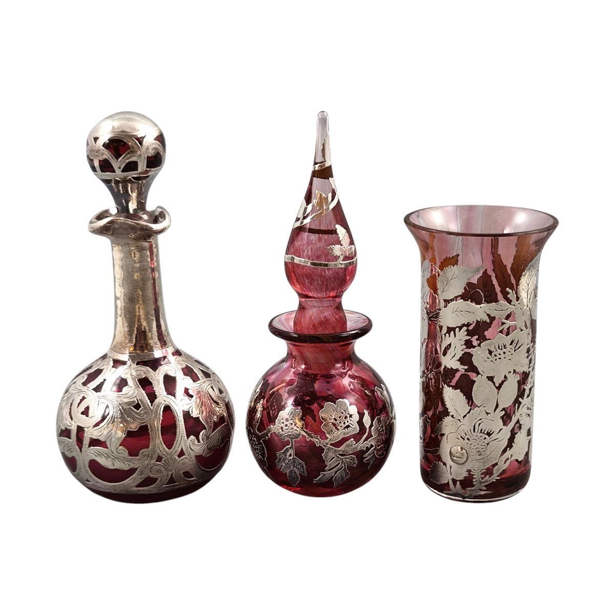 Ensemble de toilette Laugharne Glass en verre rubis avec application en argent sterling poinçon-photo-3