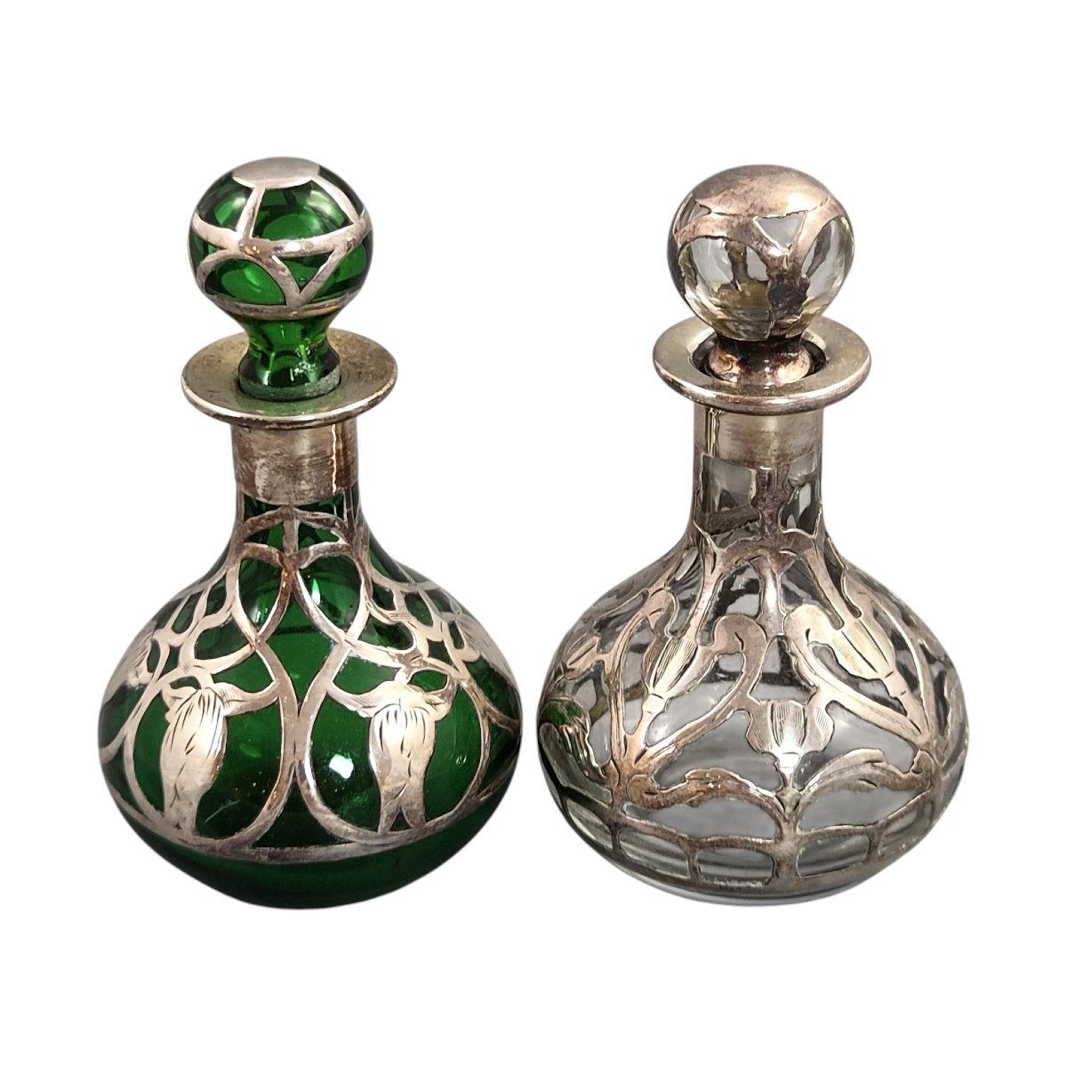 Paire de flacons à parfum Art nouveau en verre avec décor en argent sterling Gorham, vers 1900-photo-2
