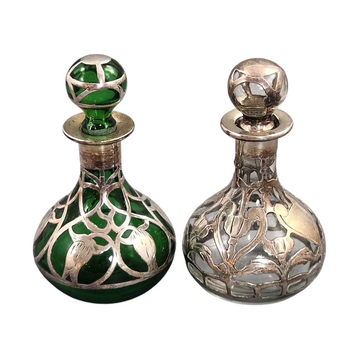 Paire de flacons à parfum Art nouveau en verre avec décor en argent sterling Gorham, vers 1900-photo-3