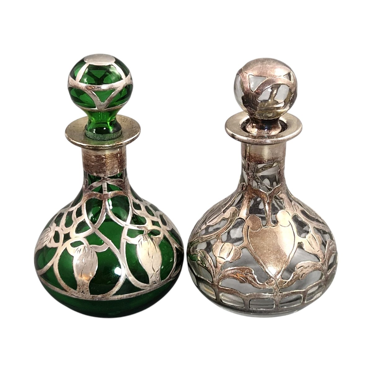 Paire de flacons à parfum Art nouveau en verre avec décor en argent sterling Gorham, vers 1900-photo-4