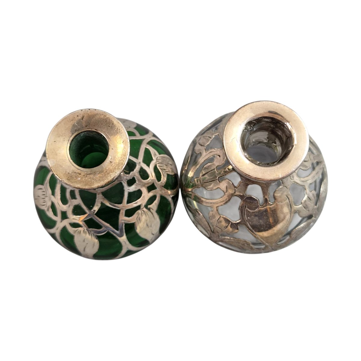 Paire de flacons à parfum Art nouveau en verre avec décor en argent sterling Gorham, vers 1900-photo-1
