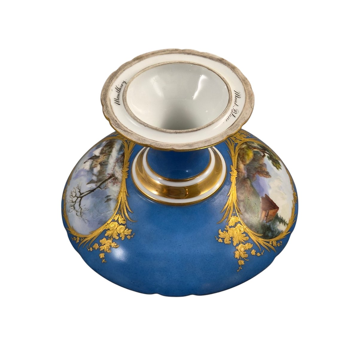 Unique 1835 Sèvres Blue Porcelain Pedestal Tazza With Montlhéry And Mont-blanc Views-photo-1
