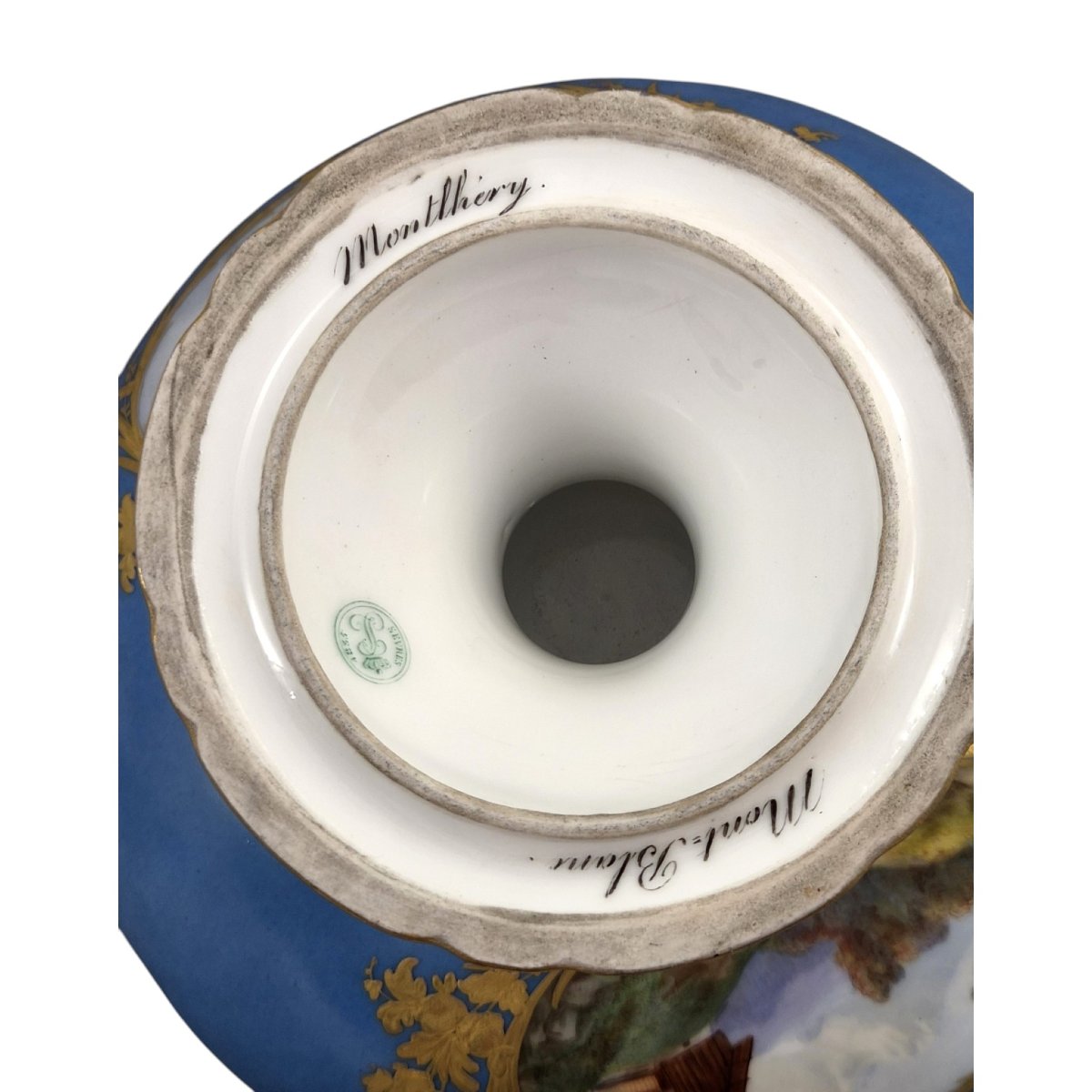 Unique 1835 Sèvres Blue Porcelain Pedestal Tazza With Montlhéry And Mont-blanc Views-photo-2