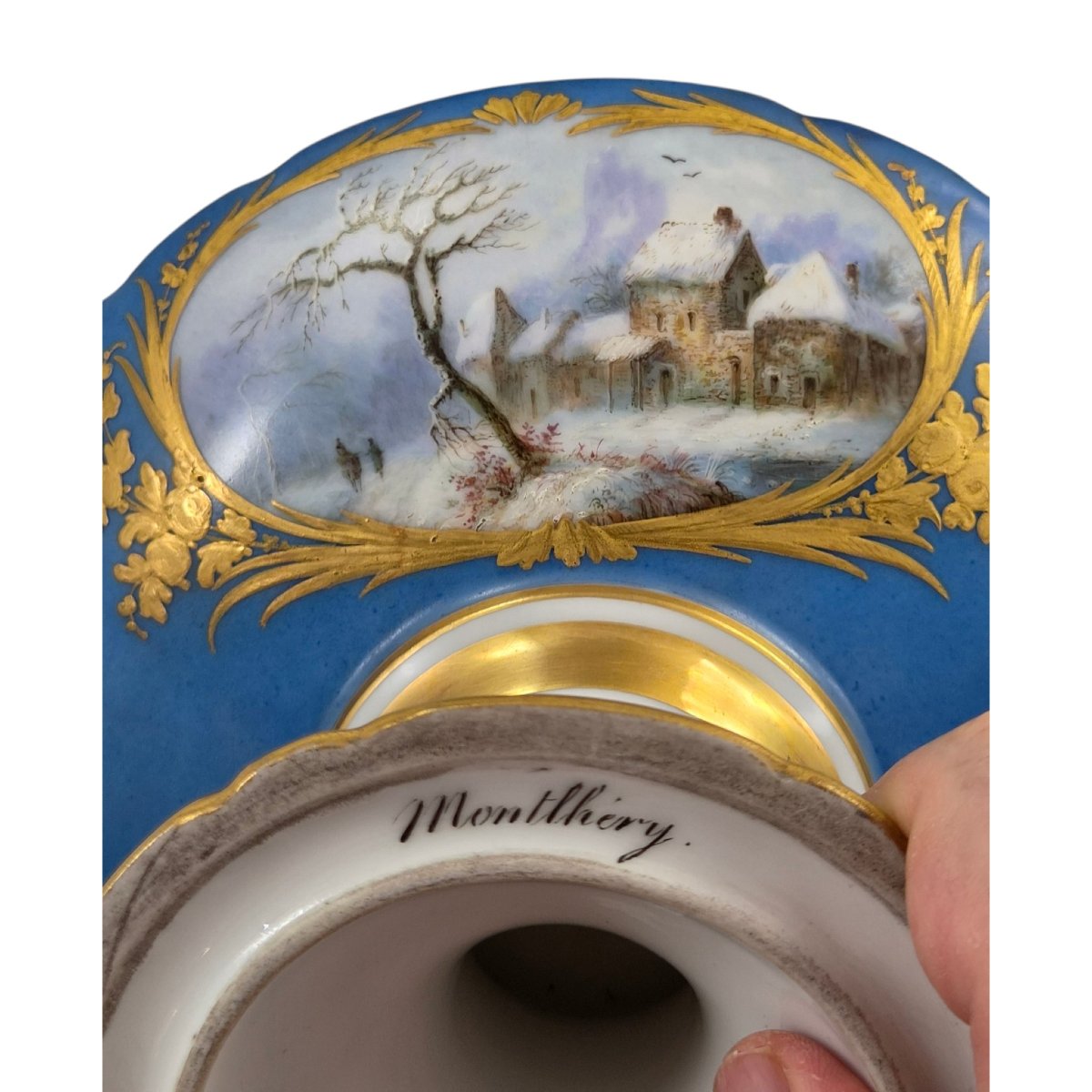Unique 1835 Sèvres Blue Porcelain Pedestal Tazza With Montlhéry And Mont-blanc Views-photo-4