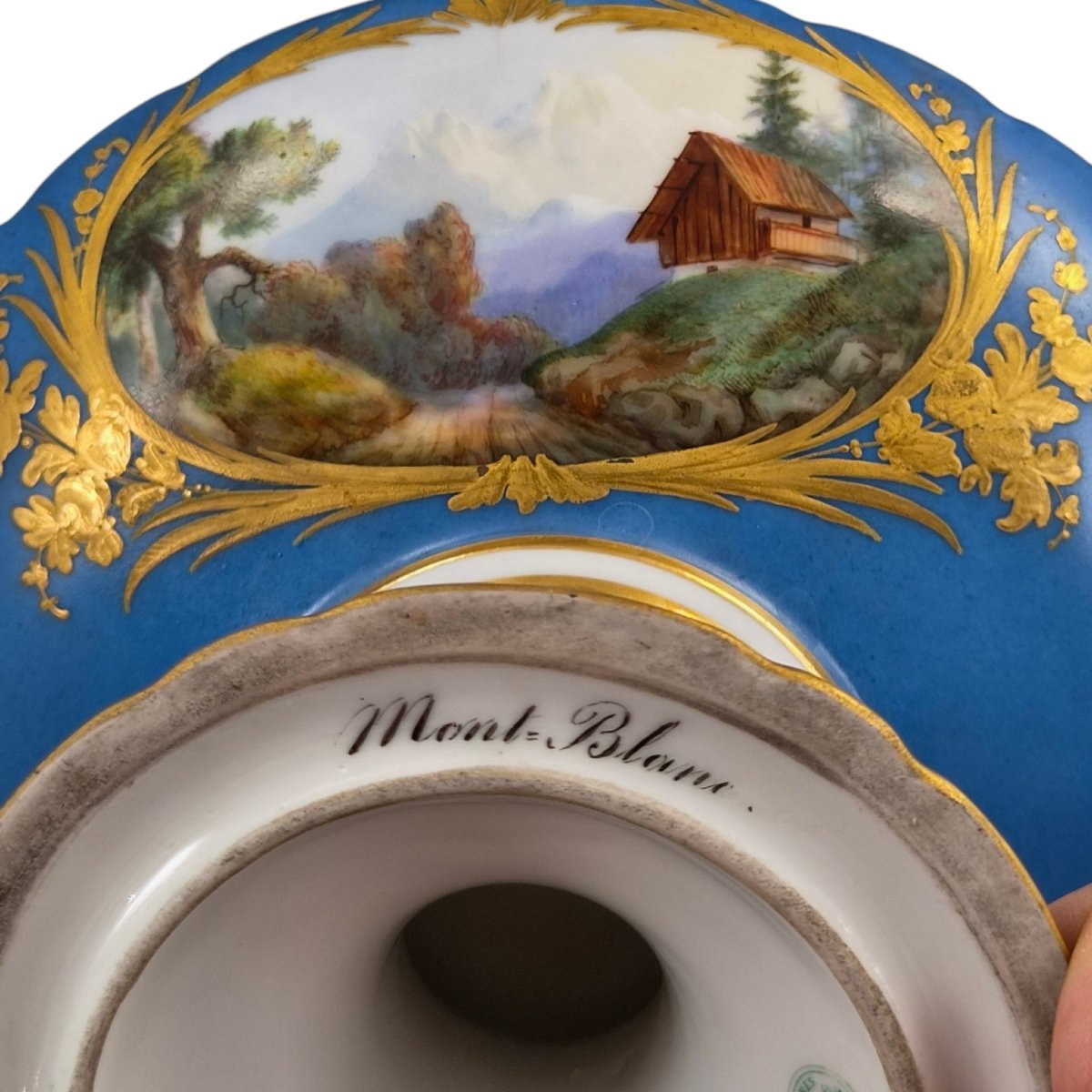 Unique 1835 Sèvres Blue Porcelain Pedestal Tazza With Montlhéry And Mont-blanc Views-photo-5