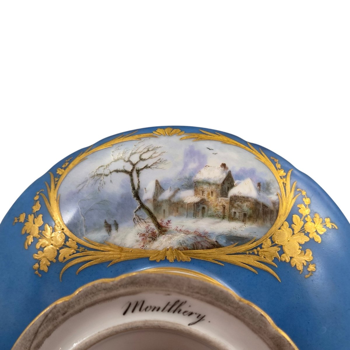 Unique 1835 Sèvres Blue Porcelain Pedestal Tazza With Montlhéry And Mont-blanc Views-photo-6
