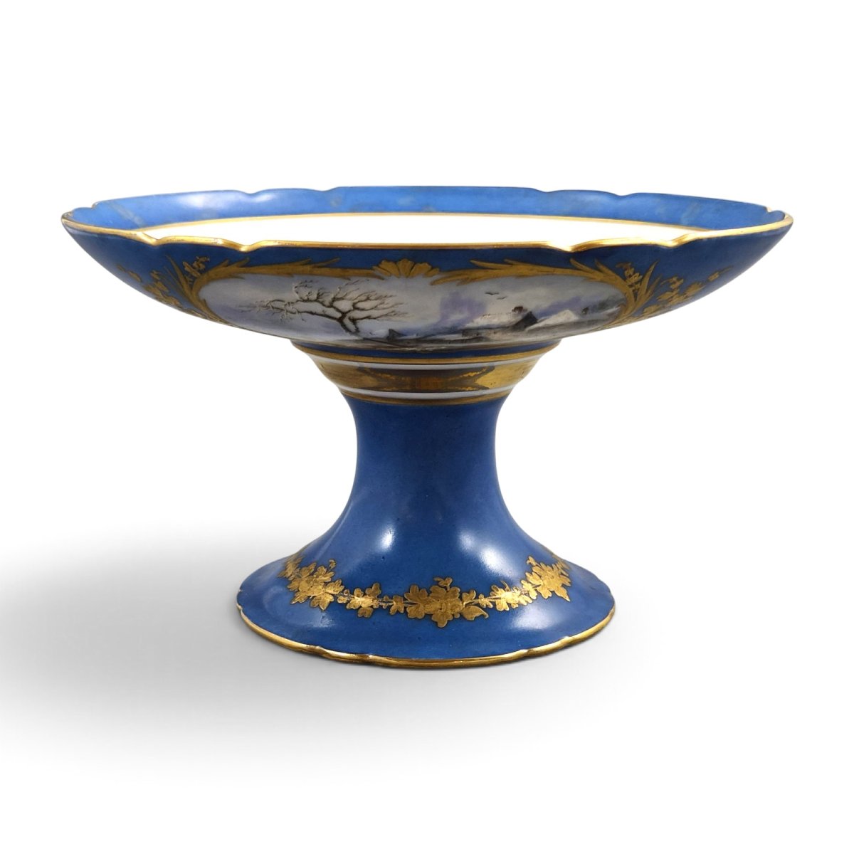 Unique 1835 Sèvres Blue Porcelain Pedestal Tazza With Montlhéry And Mont-blanc Views