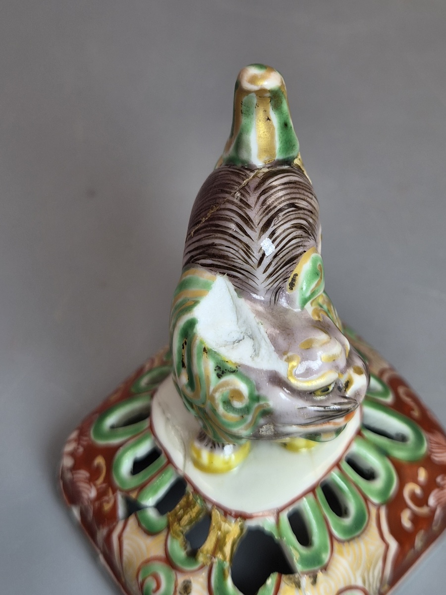 Japanese Kutani Porcelain Koro Incense Burner, Karashishi Finial, Meiji 1890-photo-4