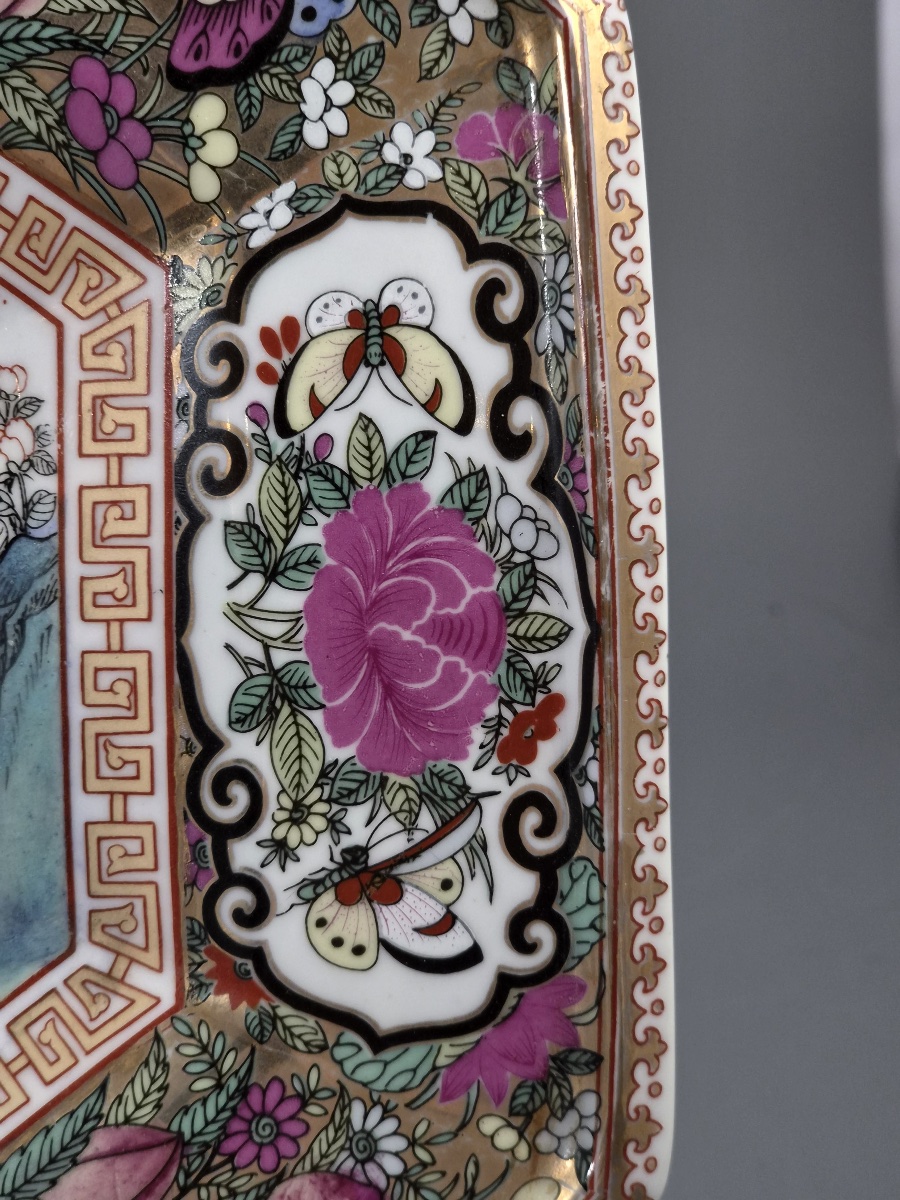 Chinese Famille Rose Octagonal Tray, Garden Court Scene, Qianlong Mark, Early 20th C-photo-5
