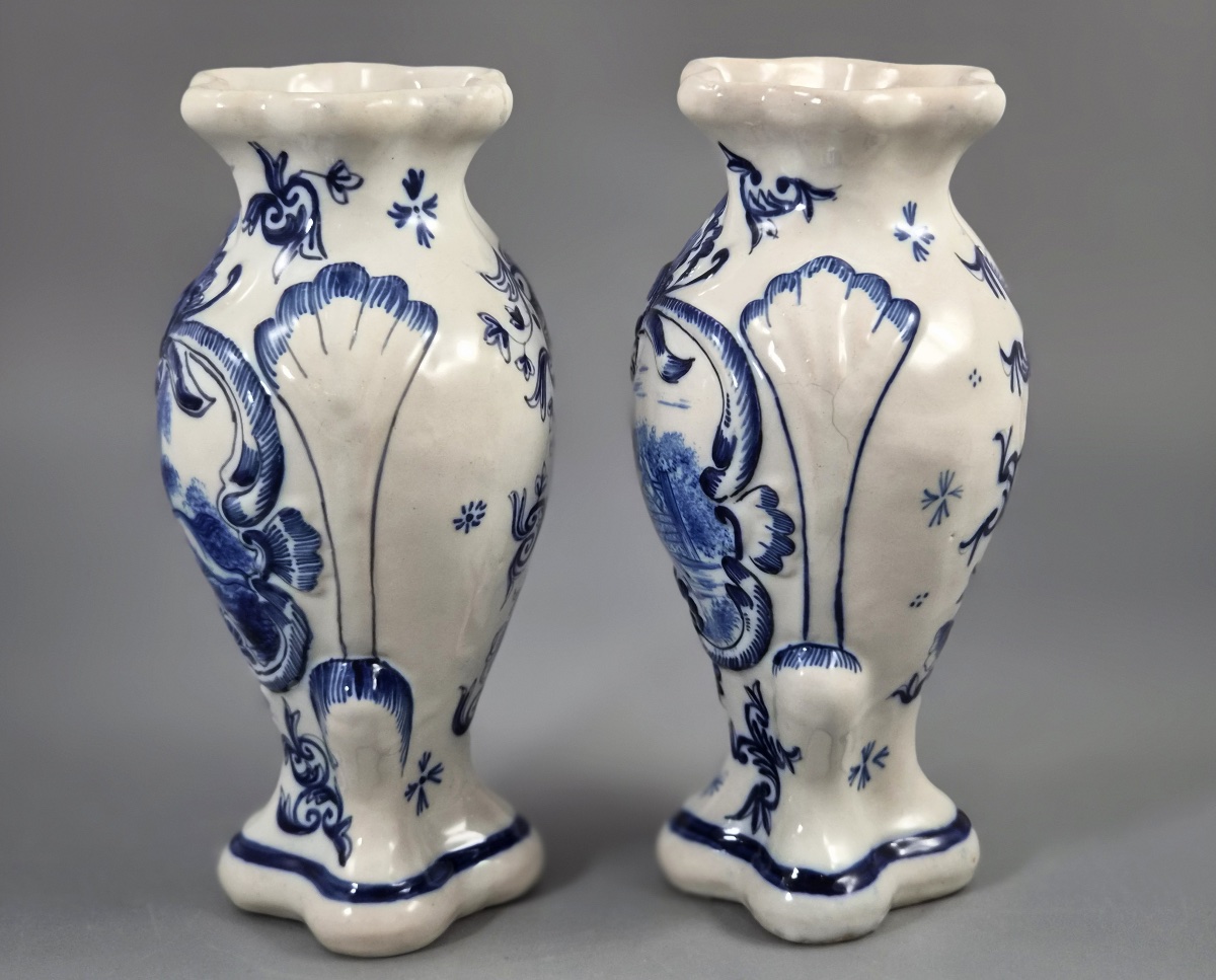 Pair Of Blue-and-white Desvres Earthenware Vases, Fourmaintraux-courquin, Circa 1880-photo-2