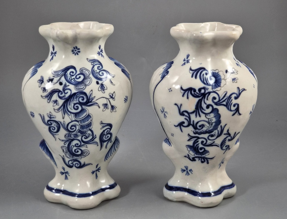 Pair Of Blue-and-white Desvres Earthenware Vases, Fourmaintraux-courquin, Circa 1880-photo-3