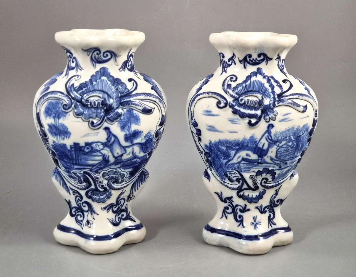 Pair Of Blue-and-white Desvres Earthenware Vases, Fourmaintraux-courquin, Circa 1880